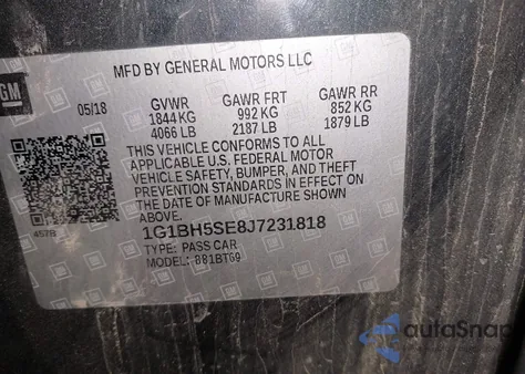 2018 Chevrolet Cruze Lt Auto из США, поврежденный, VIN 1G1BH5SE8J7231818